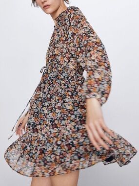 Zara Flowy Floral Long Sleeve Midi Dress